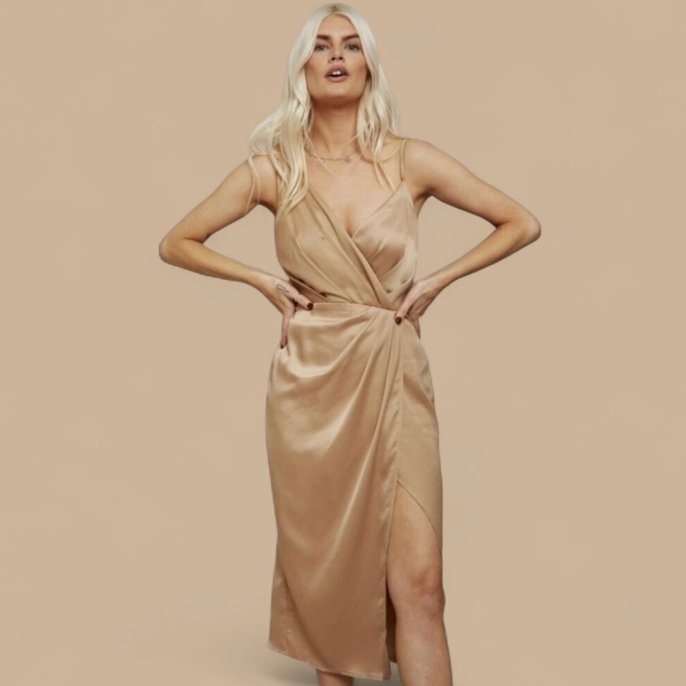 Little Mistress London Champagne/ Gold Faux Wrap Dress